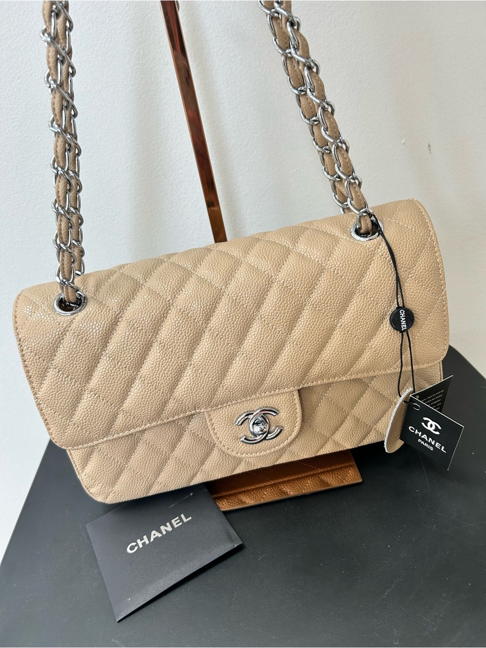 Beige Quilted Classic Flap Shoulder Bag, Caviar Leather turn lock detail